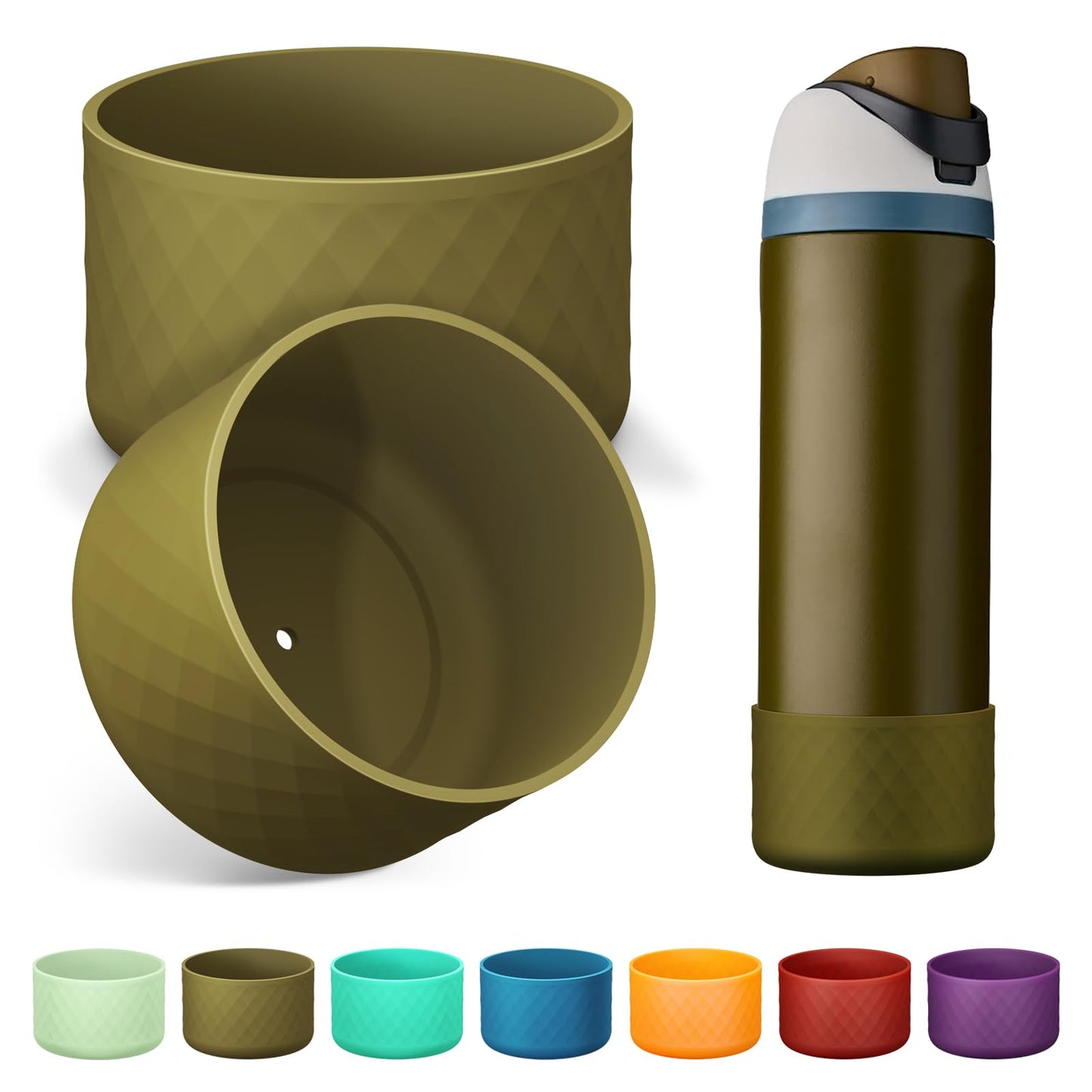 Alwenid 2PCS Silicone Water Bottle Boot for Owala 24 Oz, Anti-Slip Protective Sleeve Bottom Bumper Protector for FreeSip, Twist, and Flip Stainless Steel Water Bottles (Brown Green)