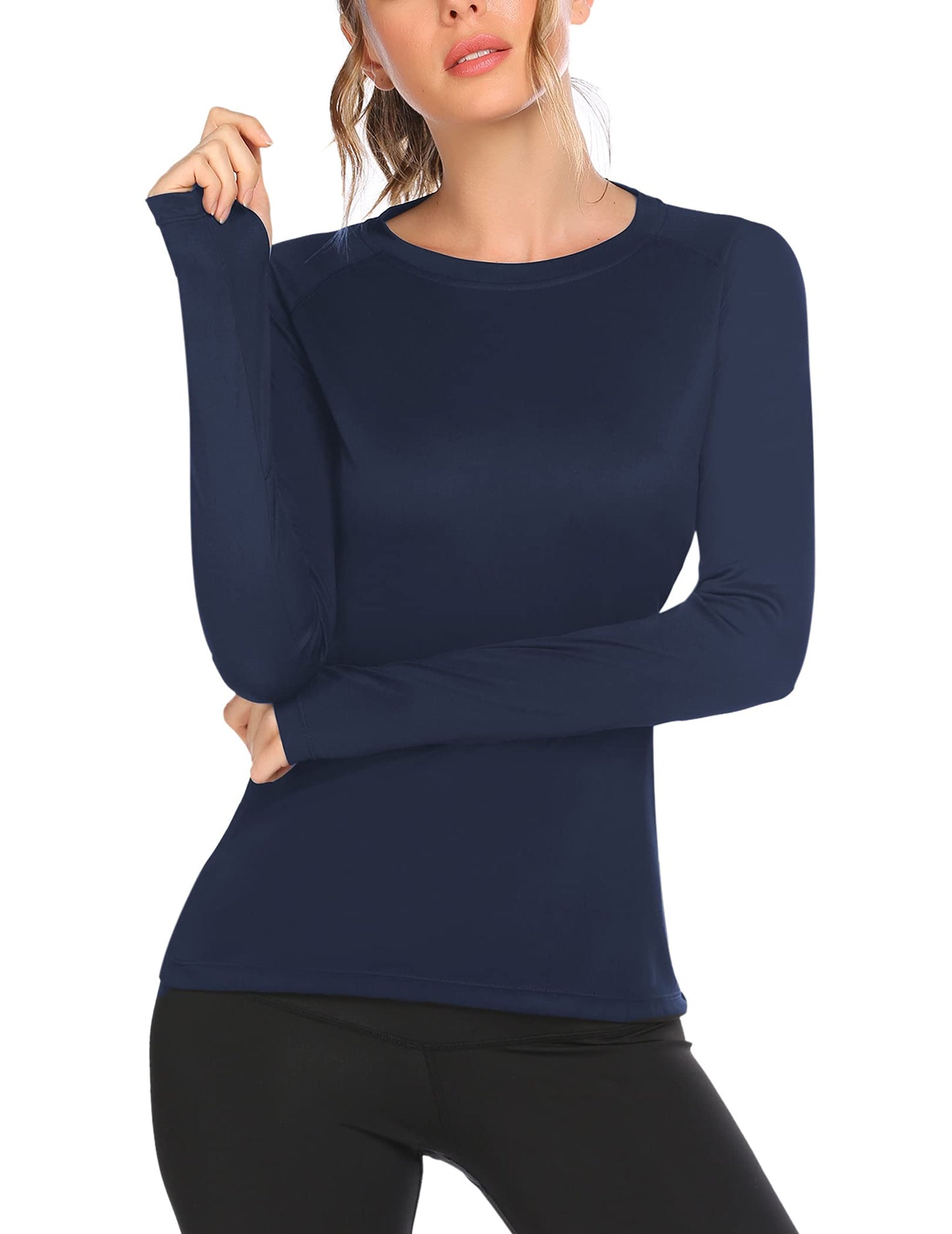 COOrun Ladies Moisture Wicking Sport Shirts Thumb Holes Running Shirt Breathable Workout Top for Gym Yoga,Navy Blue M