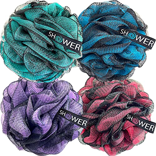 SHOWER BOUQUET Loofah-Charcoal Bath-Sponge XL-Color-4-Pack // Extra Large 75g Soft Mesh Black Luffa Loofa Loufa Puff Set/Exfoliating Body Scrubber for Women and Men - Exfoliate & Soothe Face & Body