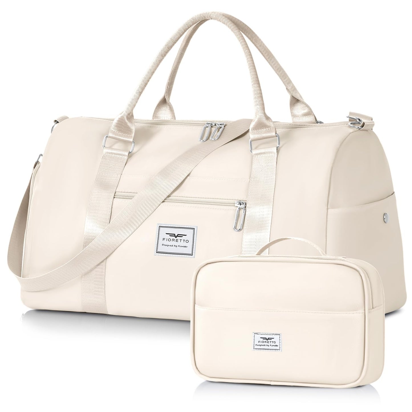 FIORETTO Womens Gym Tote Duffle Bag with Toiletry Bag, Sports Duffel Overnight Hospital Workout Carry on Bag for Girls with Wet Pocket & Shoe Compartment, Ideal for Travel, Swimming, Dance Beige