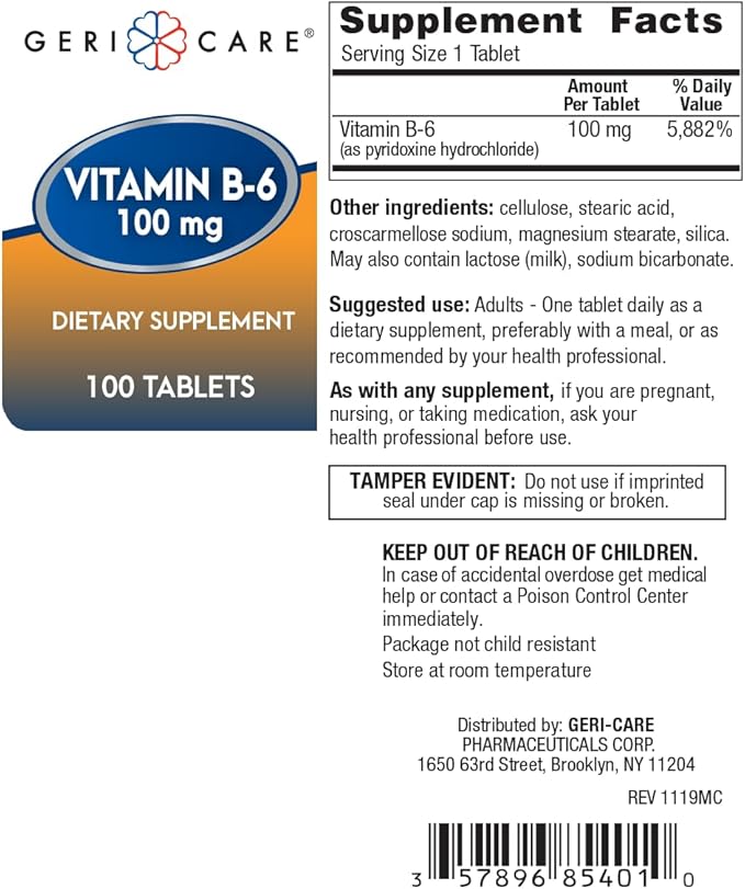 GeriCare Vitamin B-6 100mg, 100 Tablets – Daily Nutritional Support for Healthy Brain Function, Mood Enhancement, Circulatory Health & Metabolism – Helps Combat Fatigue & Promote Overall Wellness