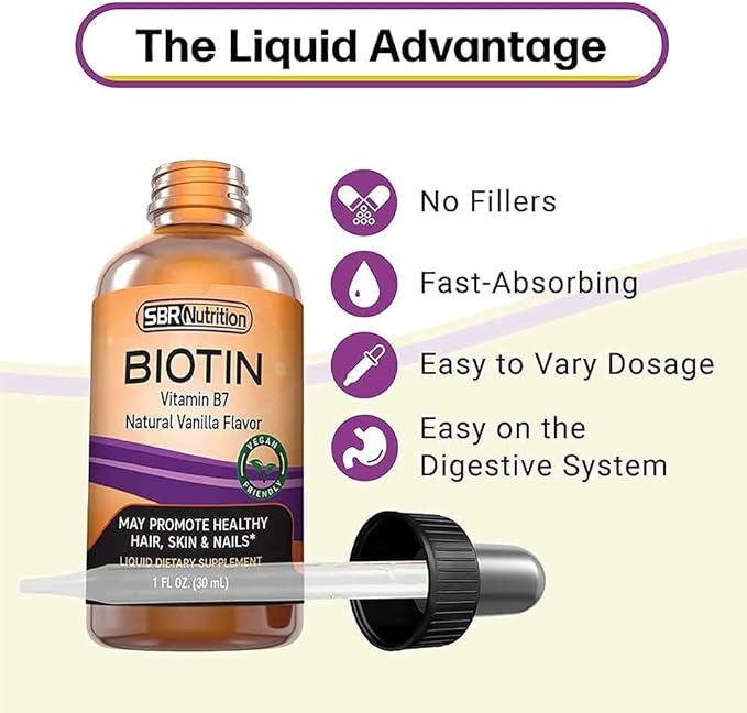 SBR Nutrition Biotin Liquid Drops, 5000mcg per Serving (60) 1.0Fl.oz (30ml) Vanilla