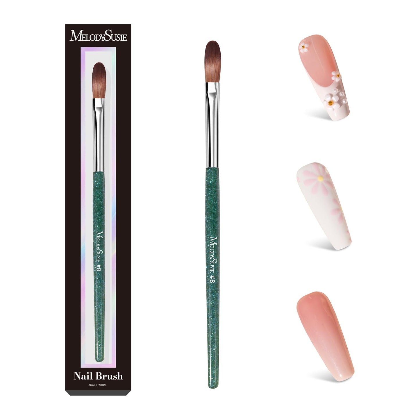 MelodySusie Kolinsky Acrylic Nail Brush,66% Kolinsky Hair Professional Nail Art Brush for Acrylic Application,Aurora Collection Fine Glitter Brush,Size 8