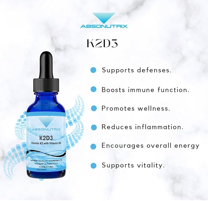 Absonutrix K2D3, 390 mg, 4 FL OZ Liquid, 302 Servings, Made in USA, Plant-Based Ingredients, Vitamin K2, Echinacea Extract, Gluten-Free, Non-GMO