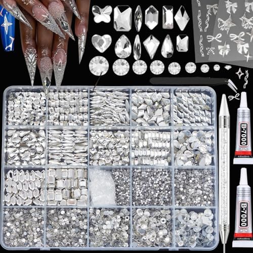 6400Pcs Silver Clear Nail Rhinestones 600Pcs, Multishapes Big Nail Gemstones +5800Pcs 1.5-6.5mm Flat Back Round Crystal Beads with B7000, Nail Decals, Multsize Flat Back Glass Stones for DIY Art