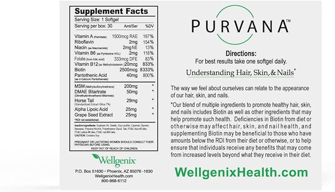 Wellgenix Purvana Hair, Skin, and Nails Vitamin - 2500mcg Biotin, Folic Acid, DMAE, Grape Seed Extract - One a Day Softgels - PCOS & Postpartum Hair Loss Support - (30 Count)