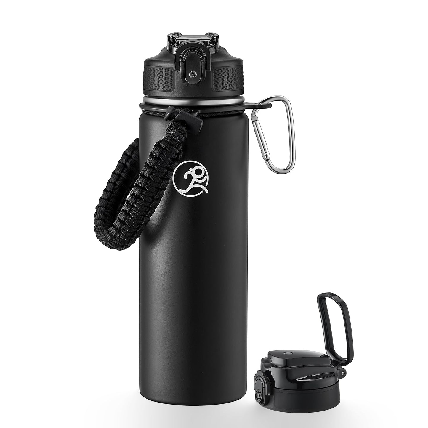 GOSWAG Insulated Sports Water Bottle, 24oz 2 Lids(with Straw/No Straw), Stainless Steel Water Bottles with Paracord Handle, Insulated Thermos with Double-Wall Vacuum Insulation