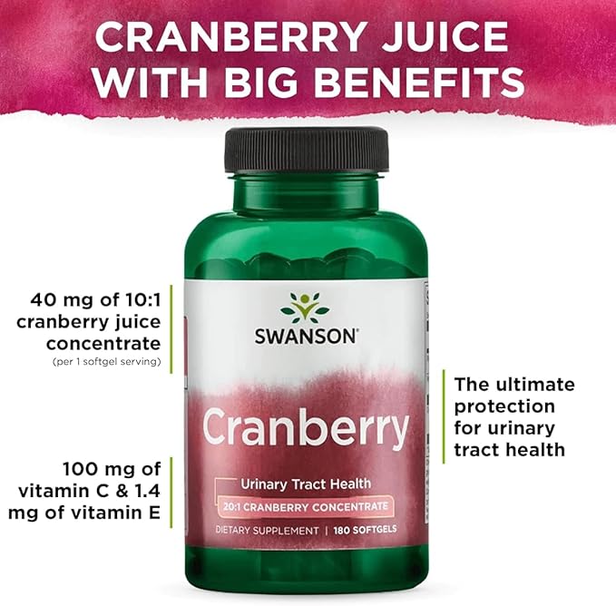 Swanson Cranberry - Supports Urinary Tract Health, Bladder Control & Promotes Healthy Kidney Function - Supplement Made with 20:1 Cranberry Juice Concentrate - (180 Softgels)