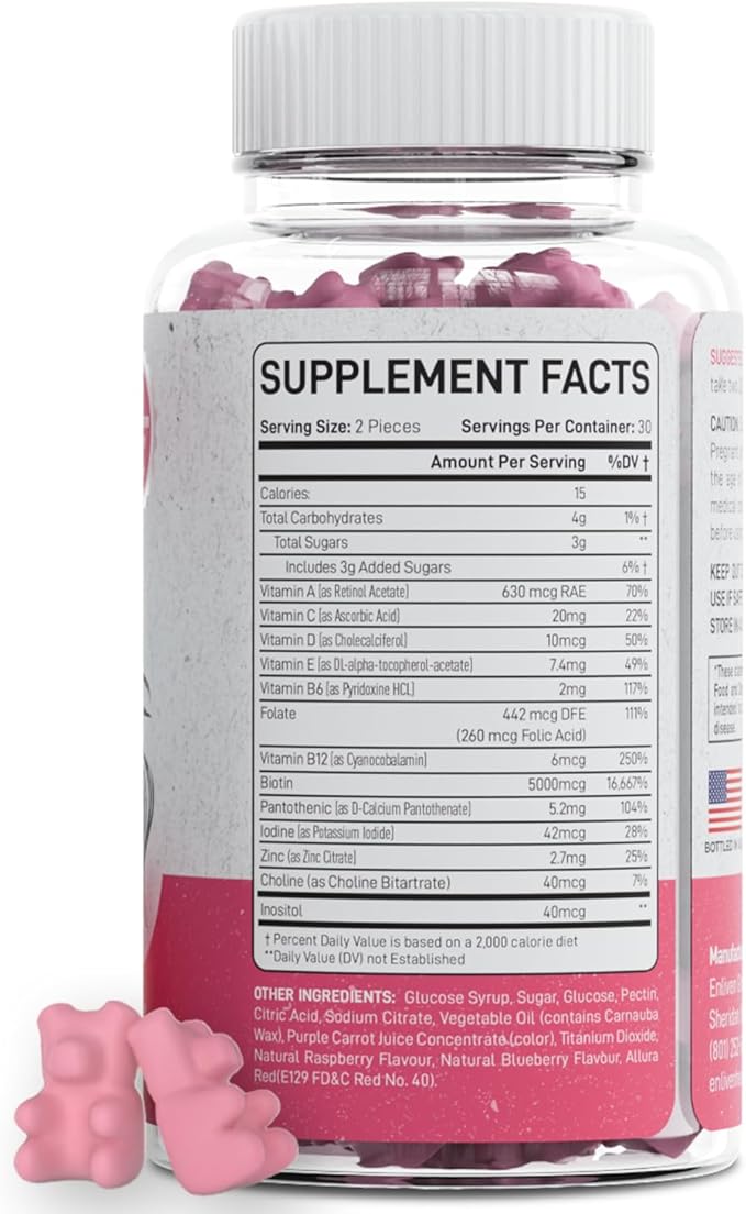 enliven Biotin Hair Skin and Nail Vitamins | Biotin Gummies 5000mcg + for Hair Growth, Skin Care, and Stronger Nails | Berry Flavor (60 Gummies)