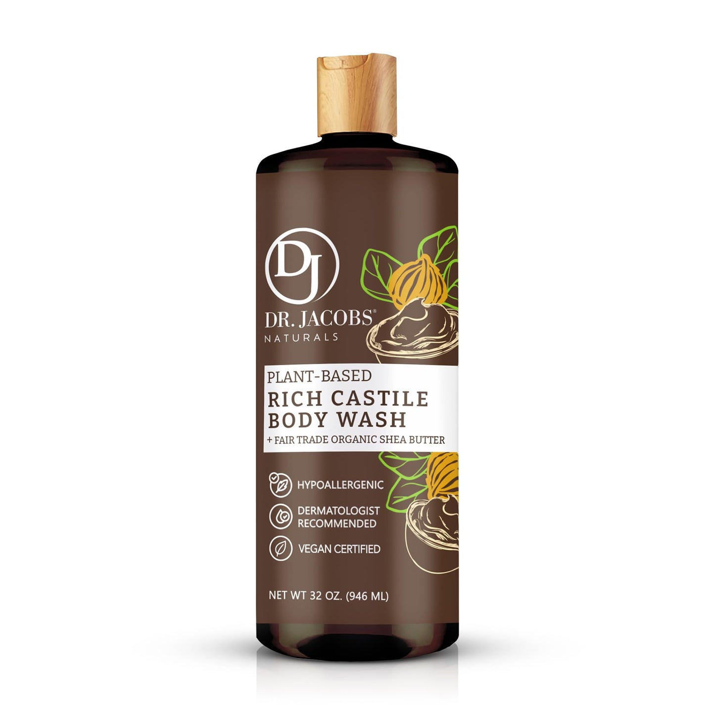 DR. JACOBS NATURALS Castile Shea Butter All-Natural Body Wash for Moisturizing Dry and Sensitive Skin Shampoo with Plant-Based Ingredients Gluten, Preservatives-Free Formula - 32 oz, Pack of 1