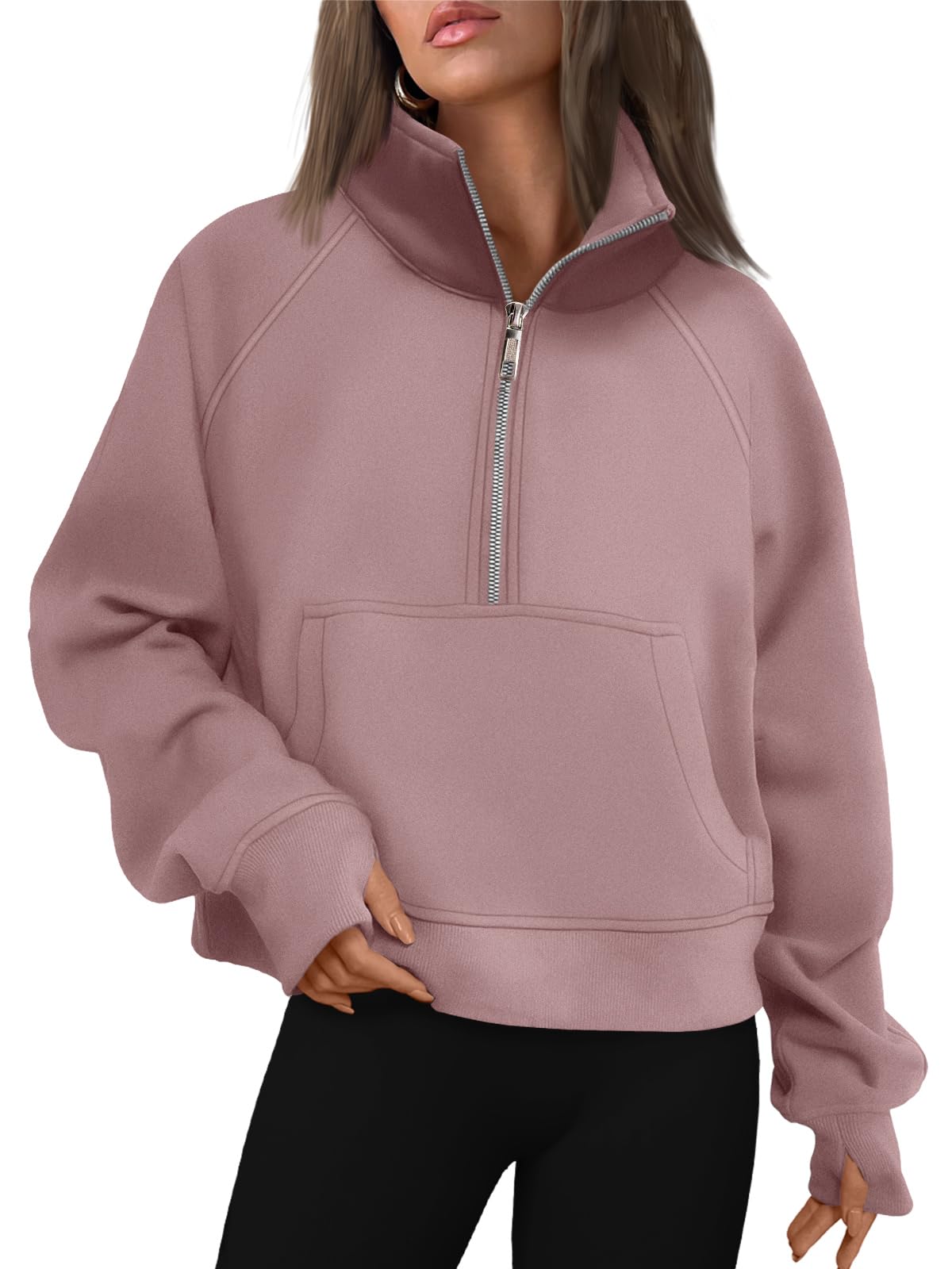 AUTOMET Womens Sweatshirts Half Zip Cropped Pullover Fleece Quarter Zipper Hoodies 2024 Fall Fashion Outfits Clothes Thumb Hole Darkpink