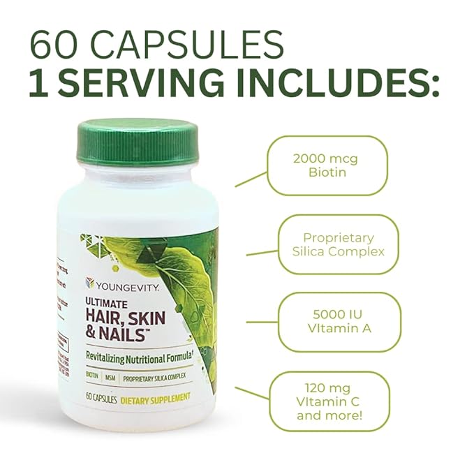 Youngevity Ultimate Hair, Skin, and Nails | 2000 mcg Biotin + Essential CoFactors | 9 Vitamins/Minerals, Paba, Silica, MSM, B-6 | (Pack of 2)