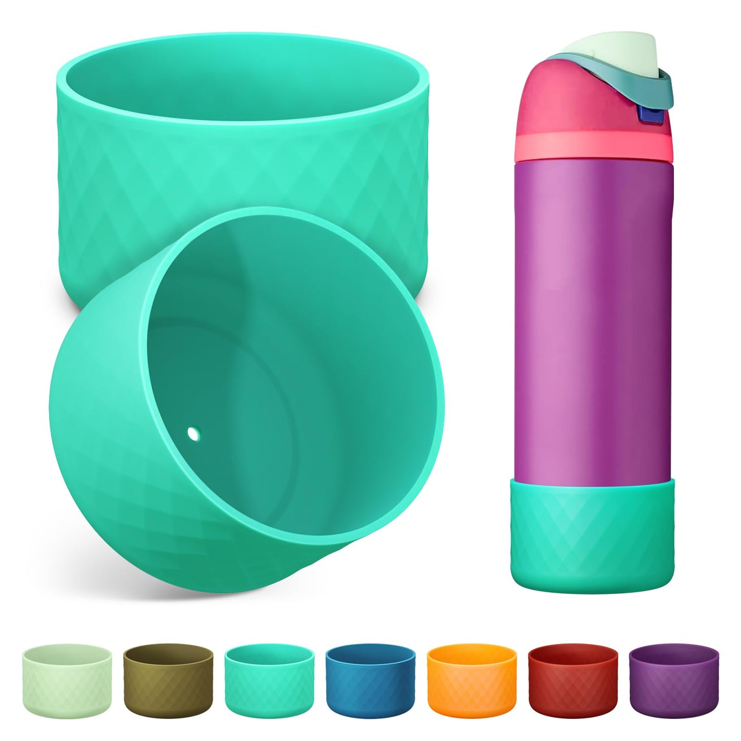 Alwenid 2PCS Silicone Water Bottle Boot for Owala 24 Oz, Anti-Slip Protective Sleeve Bottom Bumper Protector for FreeSip, Twist, and Flip Stainless Steel Water Bottles (Cyan)