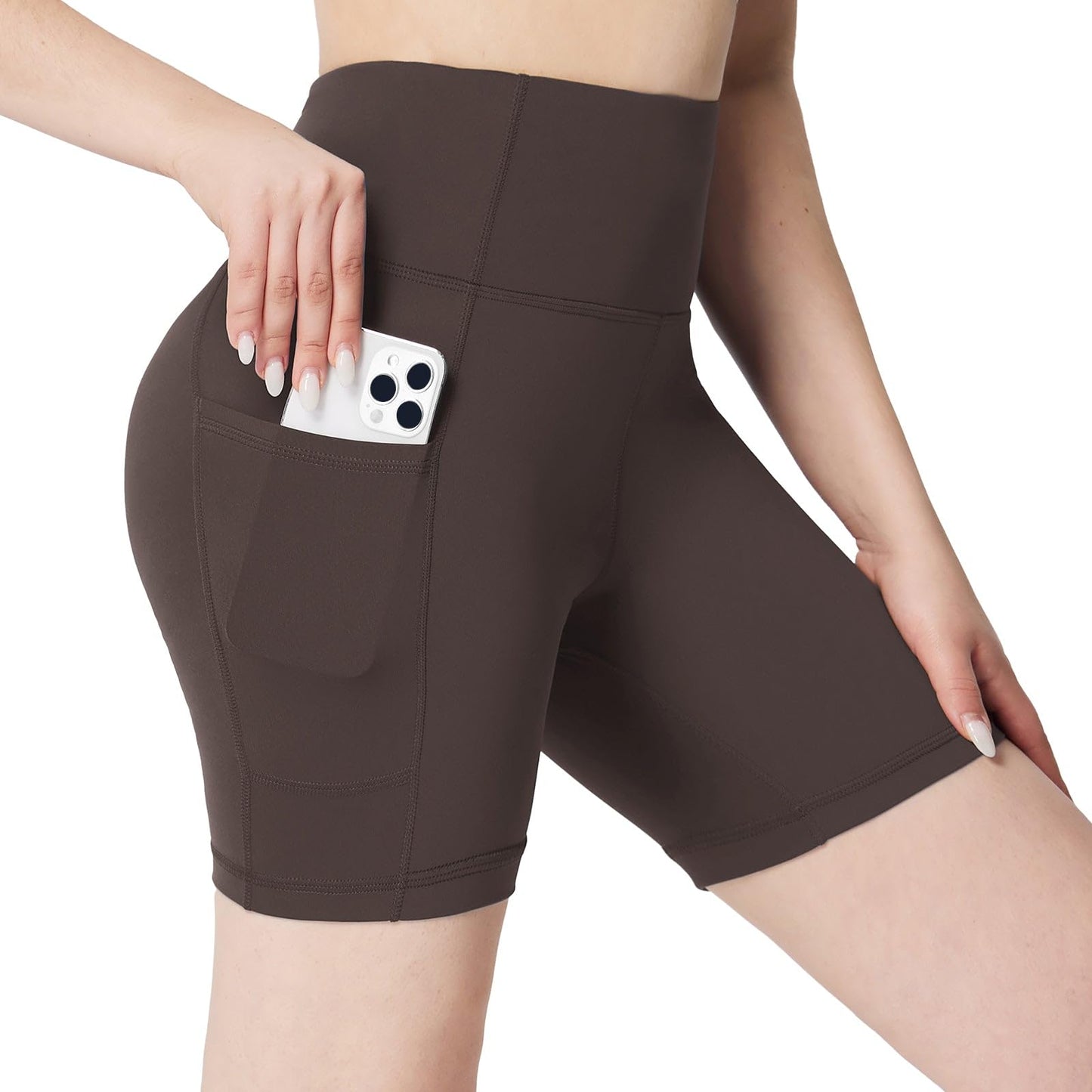 BALEAF Womens 5" Biker Shorts Yoga Gym Workout Tummy Control Lycra Workout Compression Shorts with Pockets Brown XS