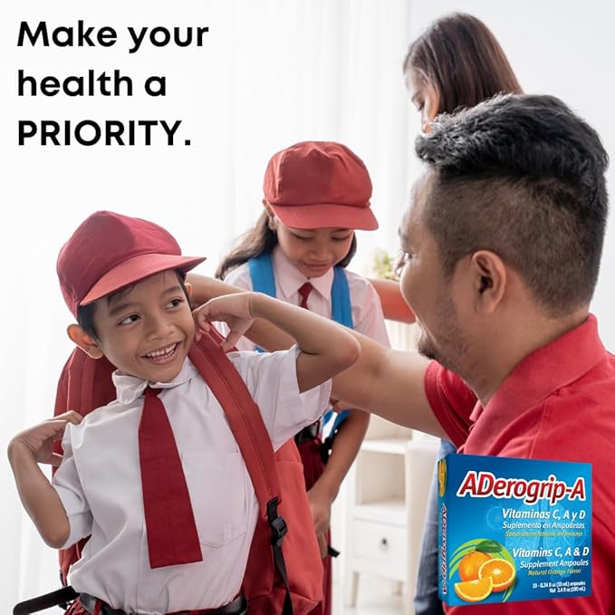 Aderogripa Immune Support Vitamins C, A & D | Liquid Supplement | 10 Natural Orange Flavor Ampoules | Boost Your Immune System | Box of 10 x 10ml Ampoules | Suplemento en Ampolletas