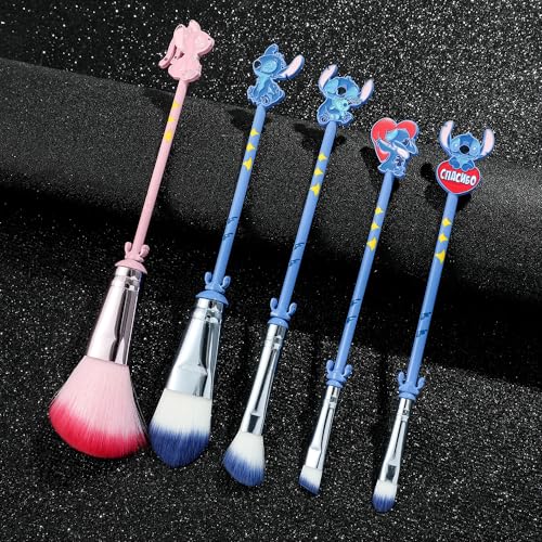 Interstellar Baby Makeup Brushes Set - 5Pcs Creative Stitch Theme Cosmetic Brushes Set, Premium Synthetic Foundation Eyeshades Brush Set Best Gift for Young Girl Women (Blue mix pink)