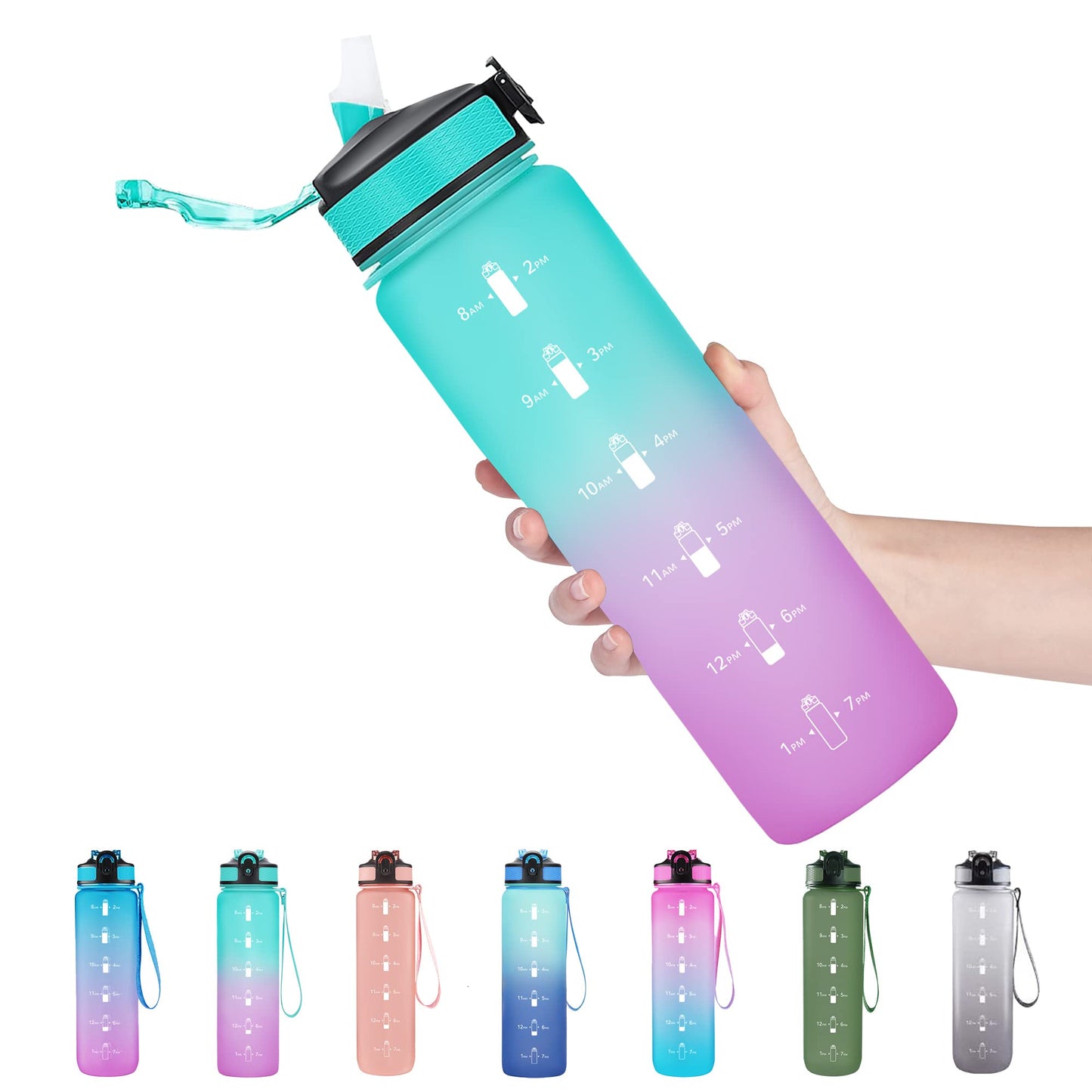 EYQ 32 oz Water Bottle with Time Marker, Carry Strap, Leak-Proof Tritan BPA-Free, Ensure You Drink Enough Water for Fitness, Gym, Camping, Outdoor Sports(Green/Purple Gradient)