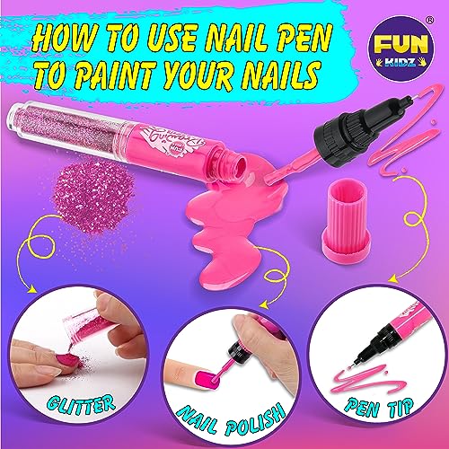 Craft Nail Pens Kit for Kids Ages 7-12, FunKidz Nail Set with Nail Polish Glitter Sticker Temporary Makeup Nails Kit for Girl Teens Party Activities Gifts