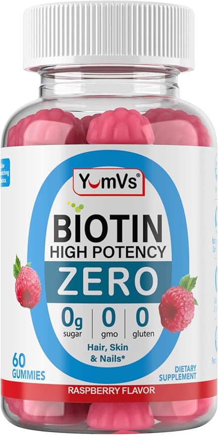 Yum-Vs - High Potency Biotin Gummies 5,000mcg Sugar Free Biotin Vitamins for Hair, Skin & Nails - B7 Biotin Hair Growth Gummy for Women & Men - Zero Sugar Raspberry Flavor Hair Skin Nails Gummies (60)