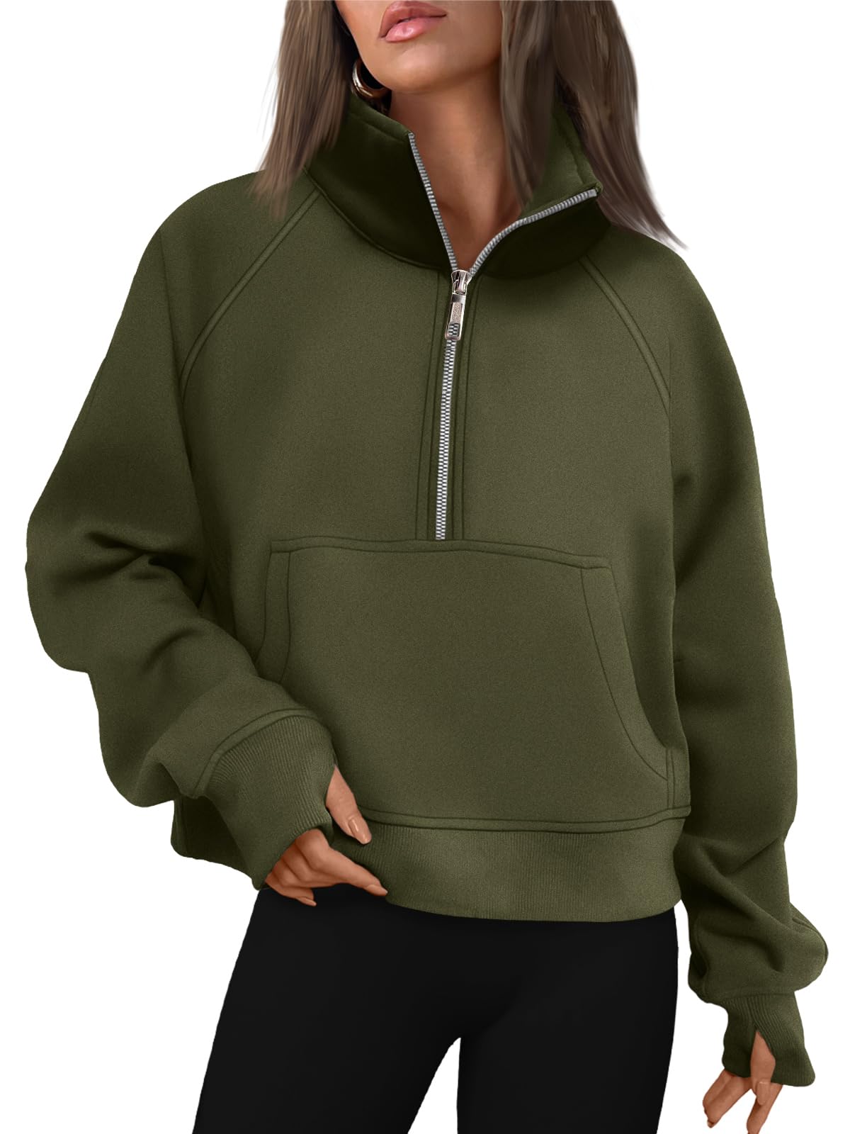 AUTOMET Womens Sweatshirts Half Zip Cropped Pullover Fleece Quarter Zipper Hoodies 2024 Fall Fashion Outfits Clothes Thumb Hole Armygreen
