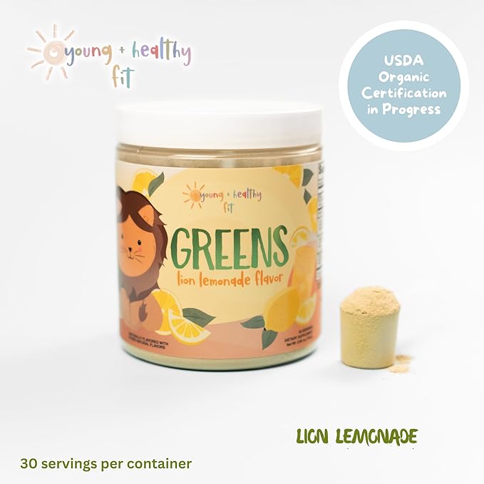 Young + Healthy Fit Kids Greens Powder, 30 Servings, Lion Lemonade, Superfood Drink Mix With Fiber for Digestive Health, Organic Fruits & Vegetables, Antioxidants, Real Food Ingredients, Ages 2+