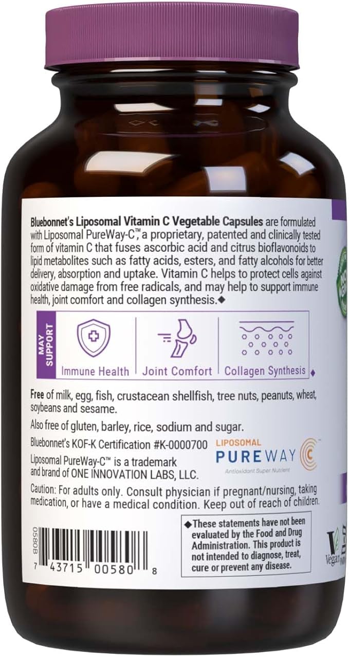 BlueBonnet Nutrition Liposomal Vitamin C, Immune Health*, Joint Health*, Collagen Synthesis*, Vegan, Kosher, Non-GMO, Gluten-Free, Soy-Free Milk-Free, 90 Vegetable Capsules, 45 Servings