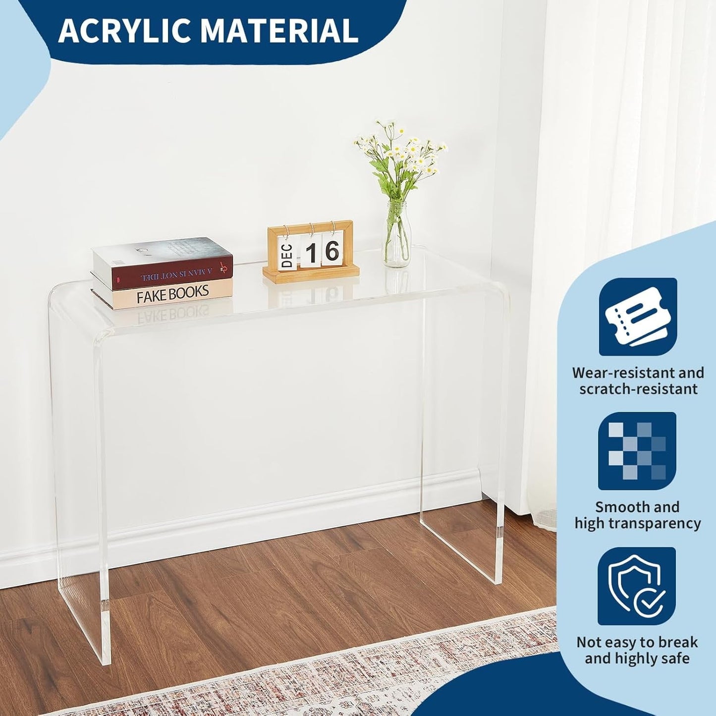 Acrylic Narrow Console Table for Entryway - 38 x 15 x 29 Inch Clear Acrylic Table with Square Legs, Slim Design for Sofa, Foyer, Hallway, and Living Room