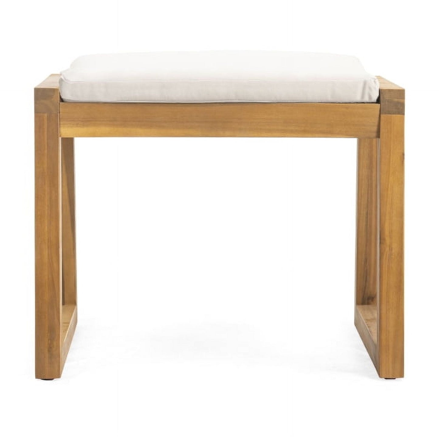 Acacia Wood Outdoor Ottoman Bench Set of 2, Waterproof Teak Finish Patio Footrest Stools with Beige Cushions, Modern Minimalist Pool Deck Seating for Garden, Backyard, 19.75" Height