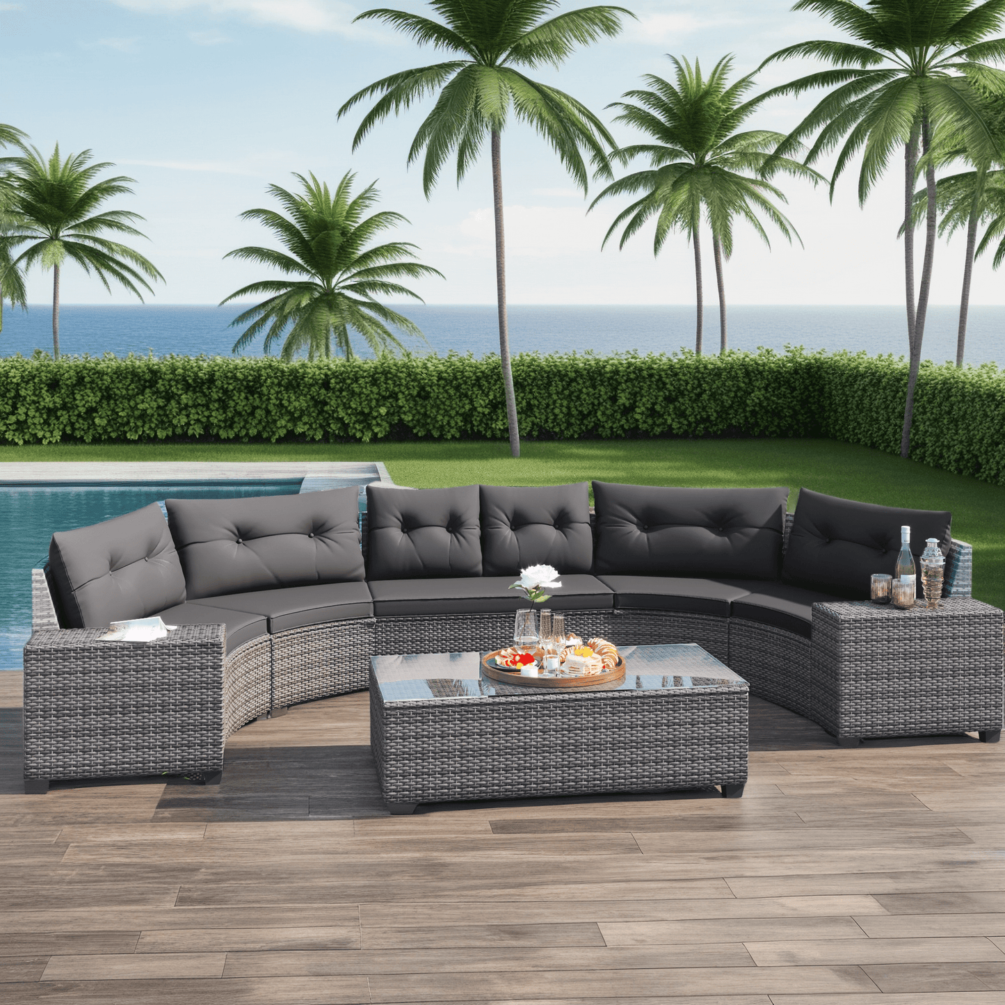 Baugery 8-Piece Half Moon Cruved Round Outdoor Sectional Sofa Furniture Set with Coffee Table, Grey/Beige