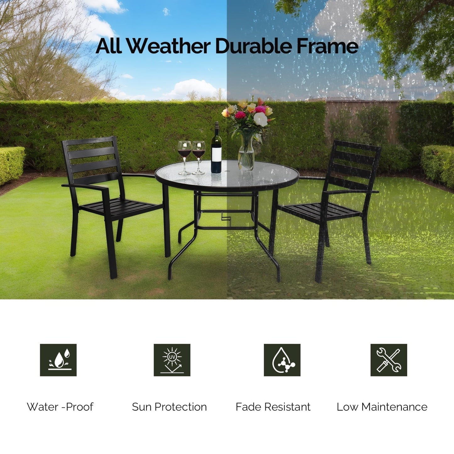 Zimtown 41.3 In Outdoor Glass Table, Patio Round Table, Dining Table with Tempered Glass Tabletop for Indoor, Steel Frame for Yard Lawn Porch Balcony