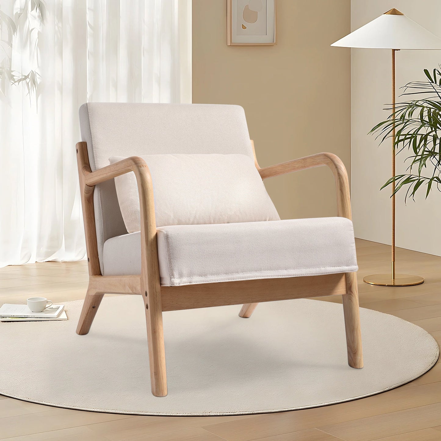 YEEZEE Mid Century Modern Chair - Solid Wood Accent chair with Ergonomic Armrests and Lumbar Pillow