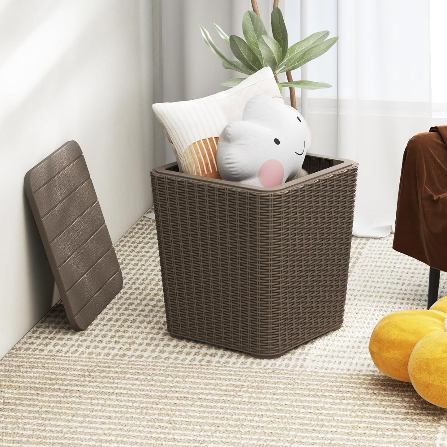 zzppy 11.5 Gallon Deck Box, Outdoor Side Table with Removable Lid, Faux Wicker-Woven, 330Lbs Capacity, Outside Waterproof Storage Box, Resin Rattan Small Coffee Table for Patio Poolside (Brown)