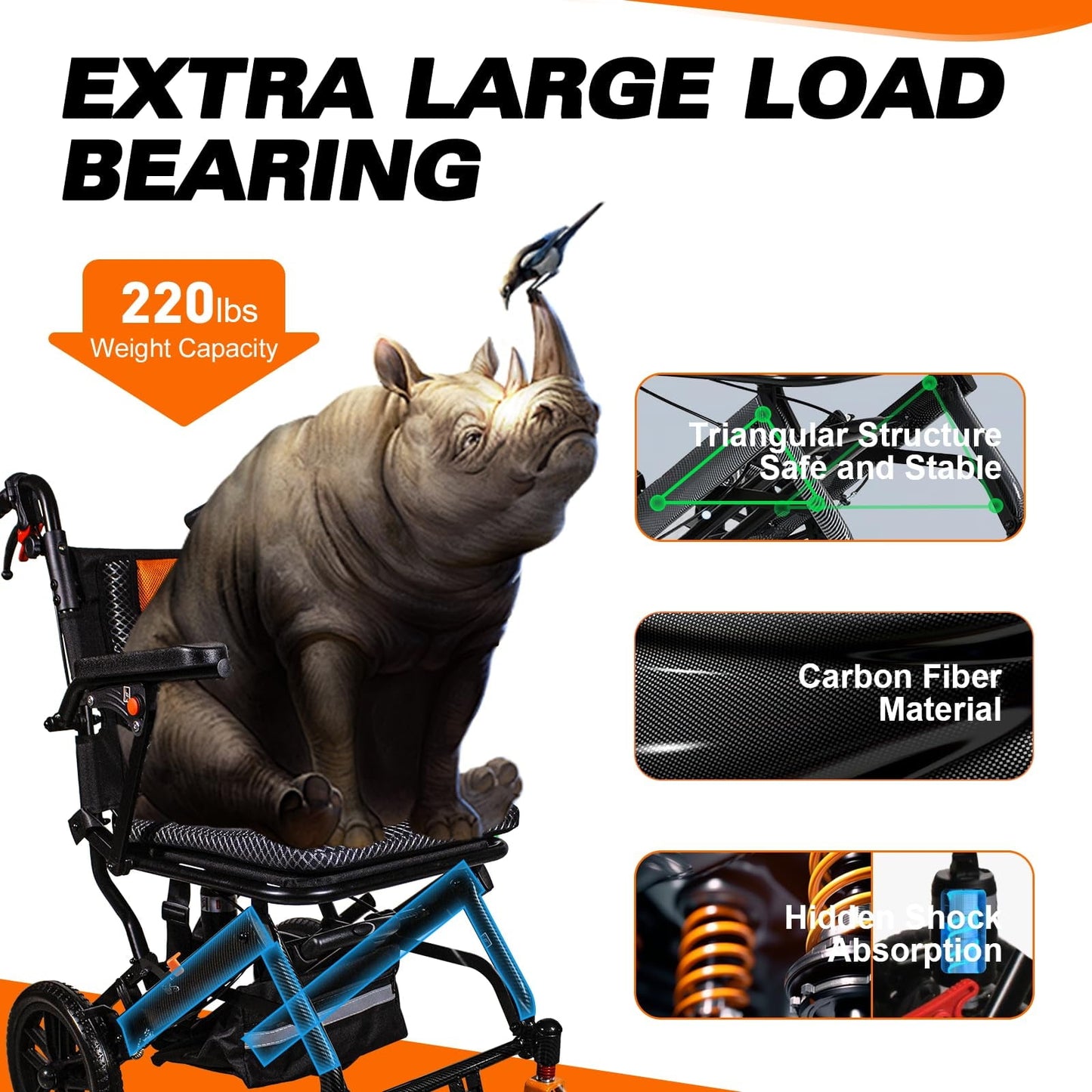 20LBS Ultra-Lightweight Foldable Wheelchair for Adults & Seniors, Carbon Fiber Frame, 10” Honeycomb Tires, 220LBS Capacity, 1-Second Fold for Travel