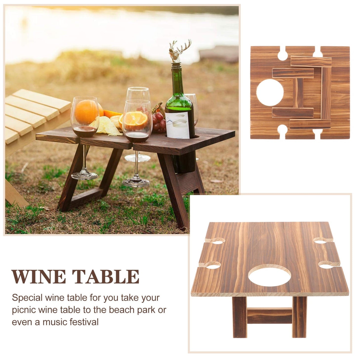 ADDHAT 1Pcs Coffee Wood Square Wine Table for Picnic with Folding Goblet Holder Portable Outdoor Use