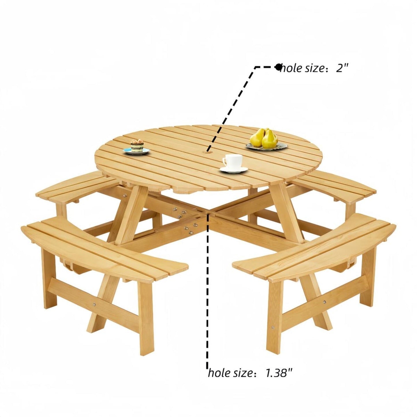 8-person Round Outdoor Picnic Table With 4 Benches & Umbrella Hole, Natural Pine