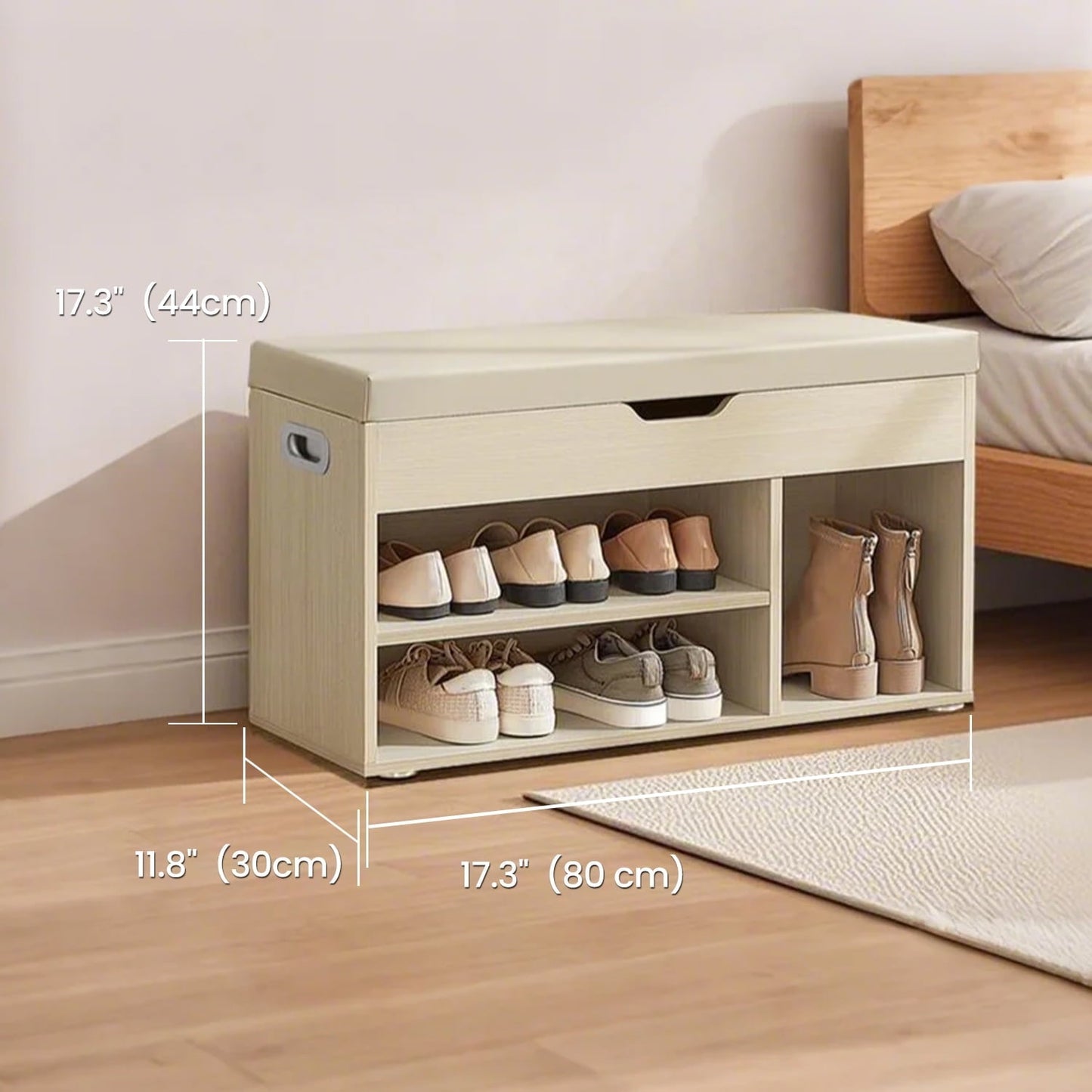 LEDREM Shoe Storage Bench with Cushion, Shoe Organizer with Compartment Open Shelf, Beige