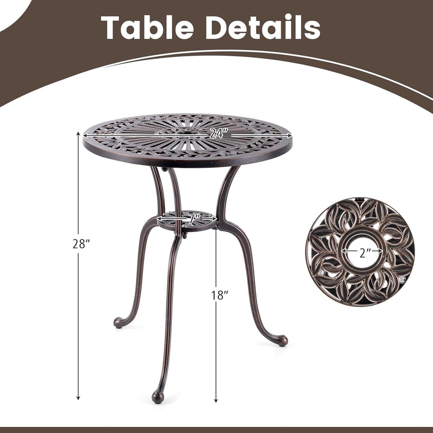 ZDOOR 24” Patio Bistro Table, Cast Aluminum Outdoor Side Table with 2" Umbrella Hole, All-Weather Resistant Round Patio Dining Table for 2 for Front Porch, Pool, Backyard, Garden, Balcony