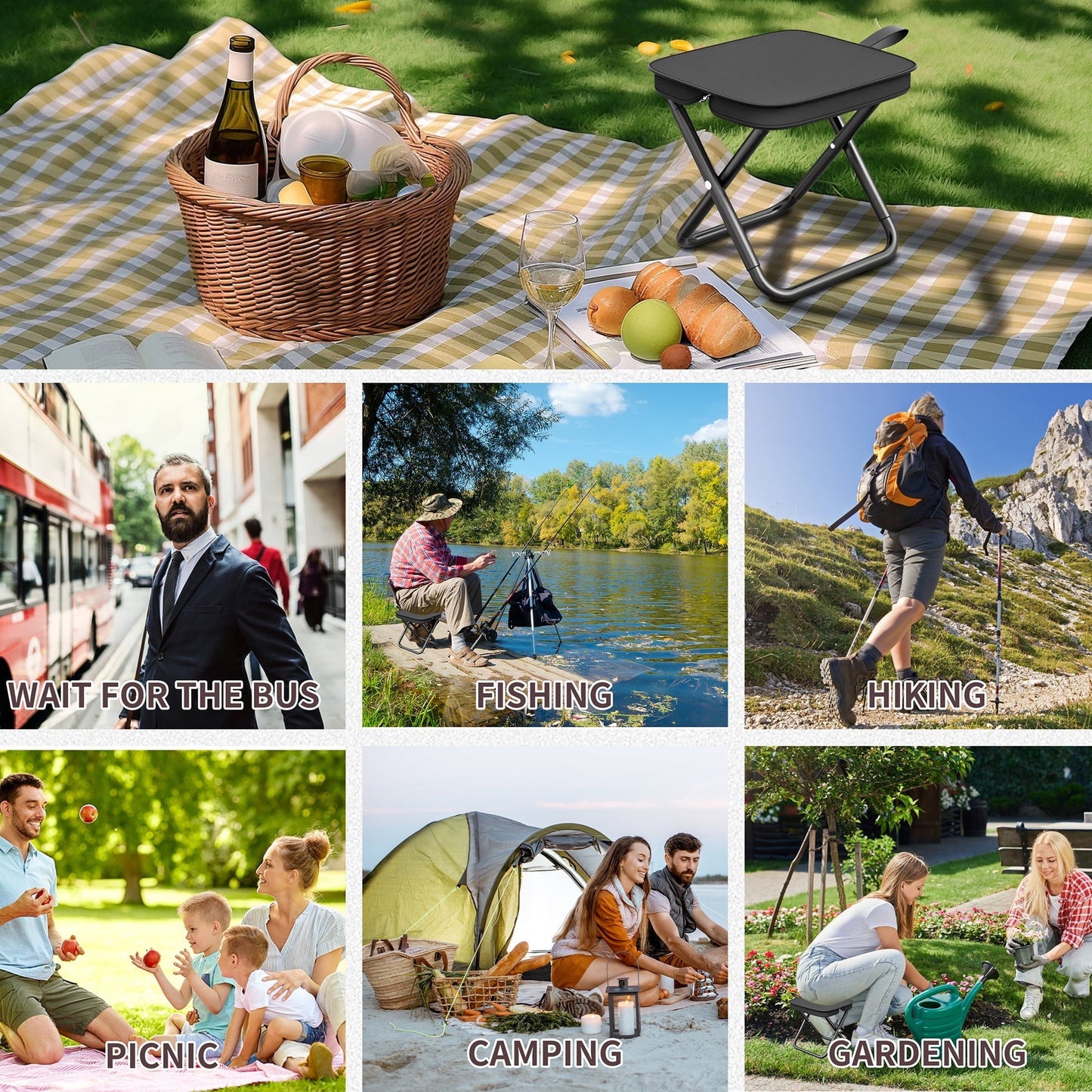 2 Pack Camping Stools, 10.6 Inch Compact Camping Chair, Portable Folding Chair with Carry Bag, Lightweight Folding Stool Seat for Outdoor Hiking, Fishing, Picnic and Party, Hold Up to 220 LB, Black