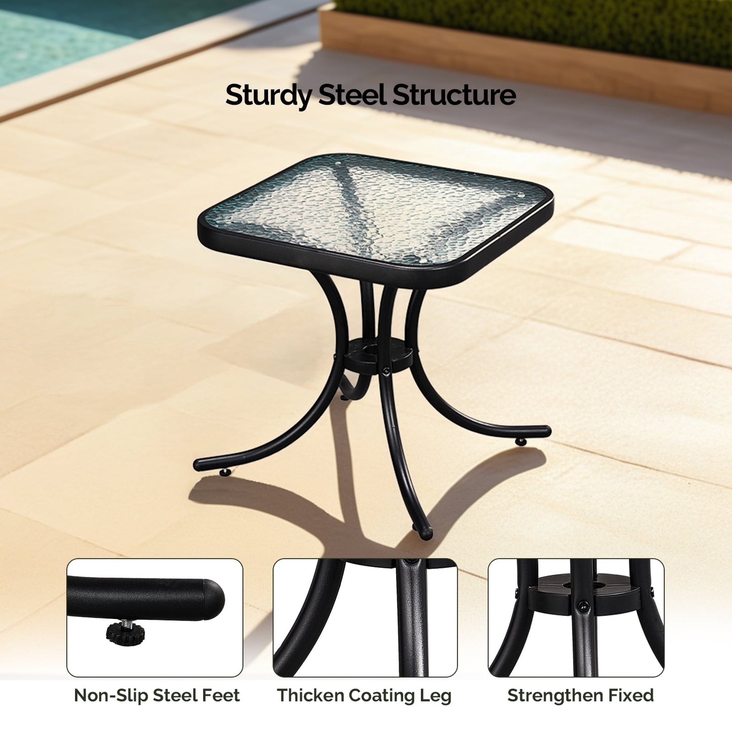 Zimtown 18" Square Tempered Glass Outdoor Patio Side Table, Metal Frame End Table, Black