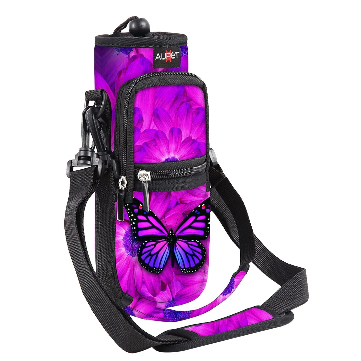 AUPET Water Bottle Sling Bag Sleeve Holder Carrier 25/32/40/64 oz,Insulated Crossbody Water Bottle Case Cover with Strap and Pockets for Men/Women Walking Hiking Camping (25oz, butterflys)