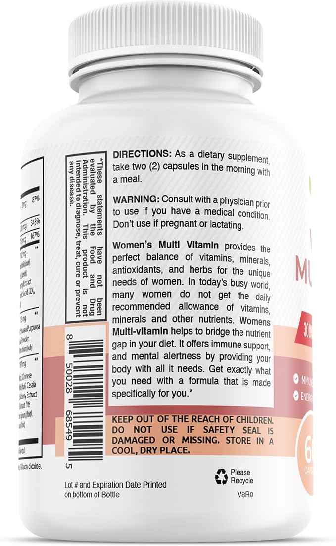 Women's Multivitamin with Biotin (Without Iron) - 20 Essential Vitamins and Minerals, Supports General Health, Energy & Immunity - 60 Capsules