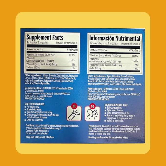 Aderogripa Immune Support Vitamins C, A & D | Liquid Supplement | 10 Natural Orange Flavor Ampoules | Boost Your Immune System | Box of 10 x 10ml Ampoules | Suplemento en Ampolletas