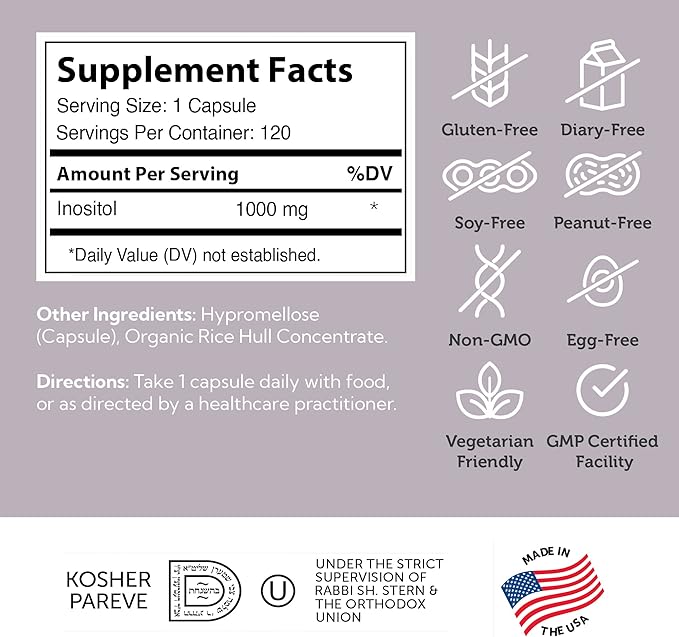 Zahler Inositol Supplement Capsules 1000mg - Mood & Nervous System Support Supplements for Women - Hormone Balance & Healthy Ovarian Function - Kosher, Gluten Free, Dairy Free - 120 Count