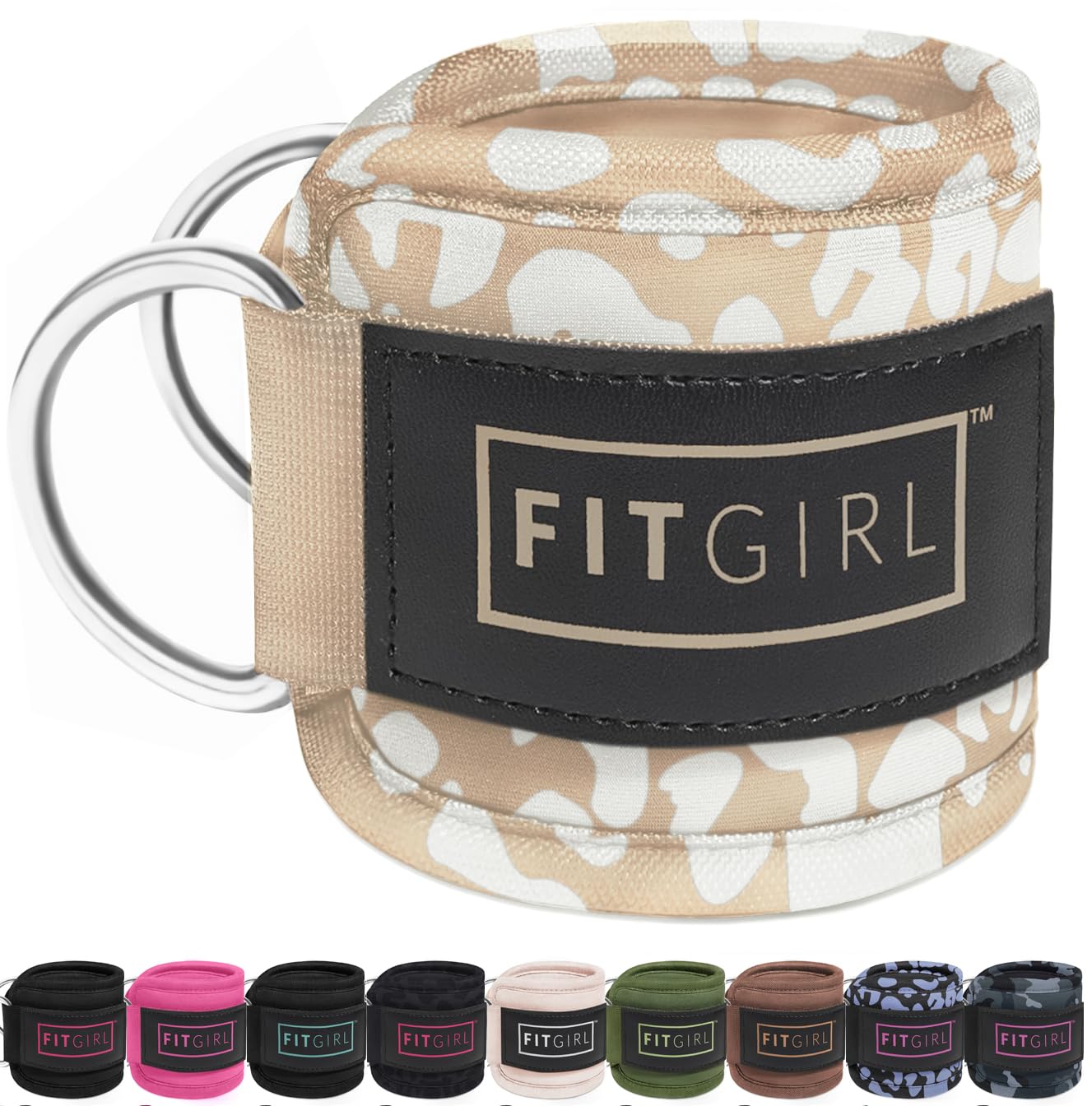 FITGIRL - Ankle Strap for Cable Machines and Resistance Bands, Work Out Cuff Attachment for Home & Gym, Glute Workouts - Kickbacks, Leg Extensions, Hip Abductors, Women Only (Beige Leopard, Single)