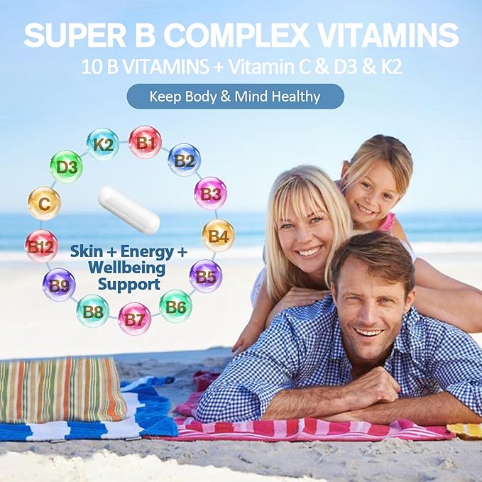 13-in-1 Vitamin B Complex Plus with Vitamin B1, B2, B3 (Niacinamide), B4, B5, B6, B7 (Biotin), B8 (Inositol), B9 (Folate), B12, C, D3, K2 - Energy, Nerve, Immune, Skin Support - 120 Vegan Capsules