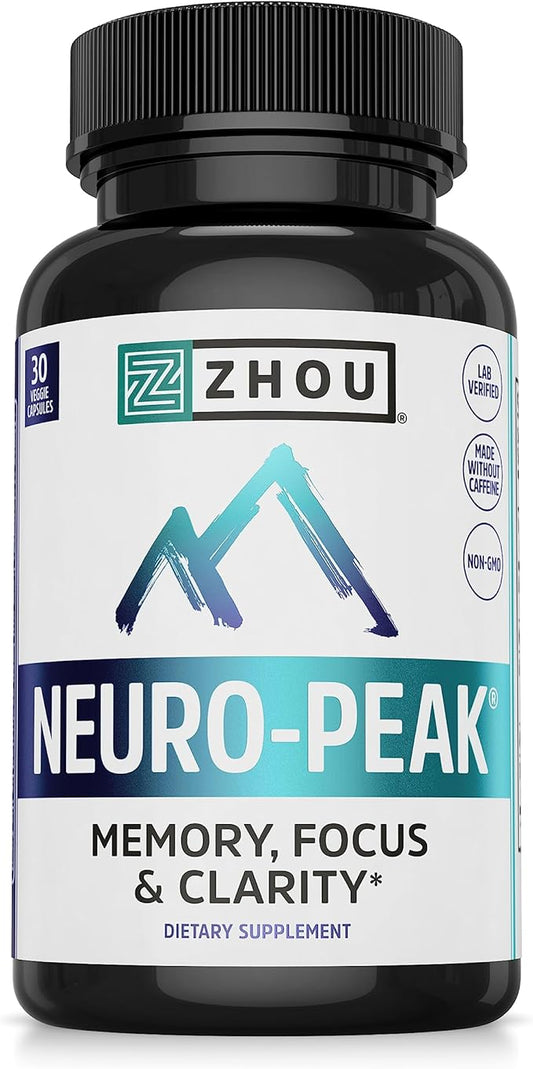 Zhou Neuro-Peak - Brain Supplements for Memory and Focus, Nootropic for Men & Women, Brain Support Pill for Adults, Brain Vitamins - 30 Veggie Capsules (Pack of 1)