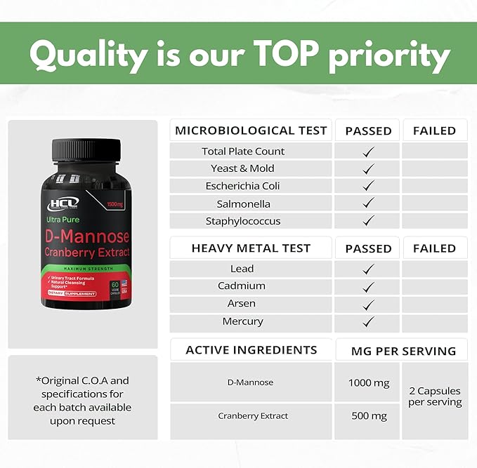 D-Mannose with Cranberry Extract Capsules 1500mg – High Potency USP Grade D-Mannose Supplement with Whole Fruit Cranberry Powder – Urinary Tract Support – Non-GMO 60 Capsules