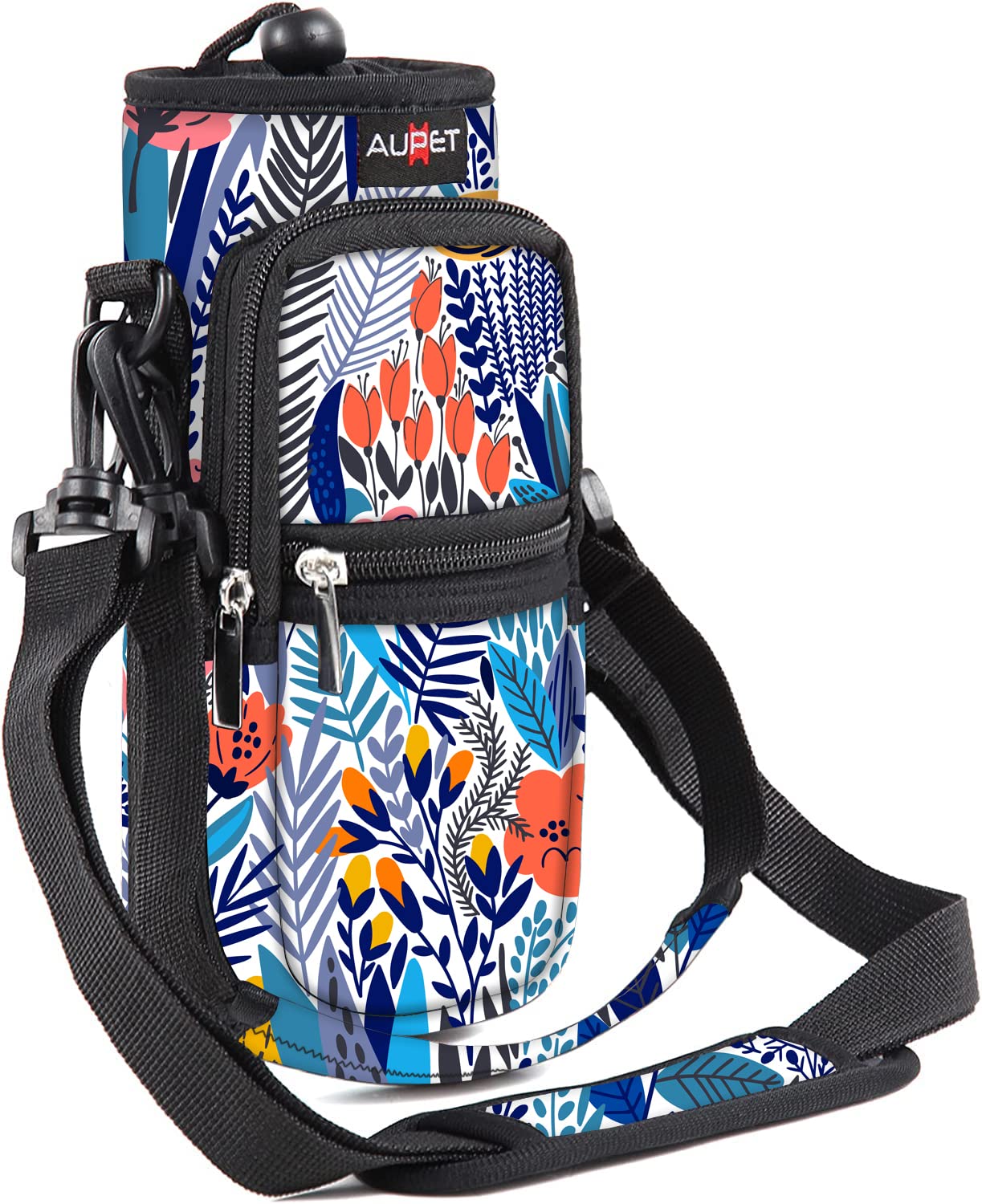 AUPET Water Bottle Sling Bag Sleeve Holder Carrier 25/32/40/64 oz,Insulated Crossbody Water Bottle Case Cover with Strap and Pockets for Men/Women Walking Hiking Camping (25oz, blue orange flower)