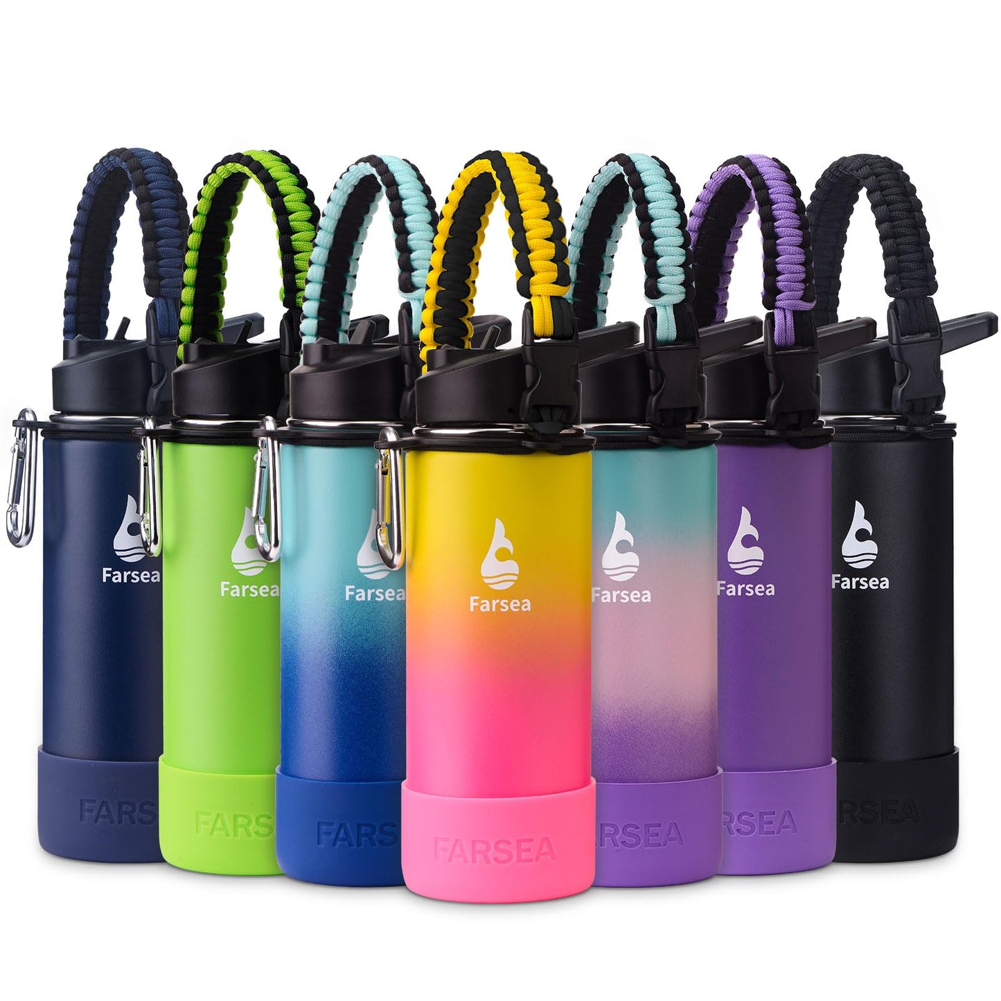 Farsea Insulated Water Bottle With Paracord Handle, Protective Boot and 2 Lids (Straw Lid & Spout Lid), Stainless Steel Water Bottle Wide Mouth, Double Wall Sweat-Proof BPA-Free, 18 oz