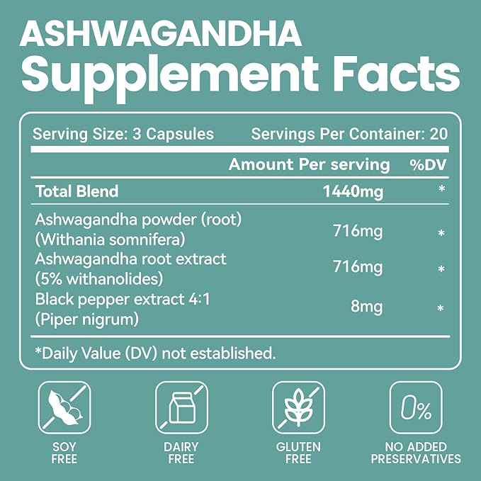 Ashwagandha Vegan Capsules is from Ashwagandha Powder & Root Extract KSM-66 | Black Pepper Extract | Releases Stress & Boosts Energy | Promotes Quality Sleep | 60 Coun